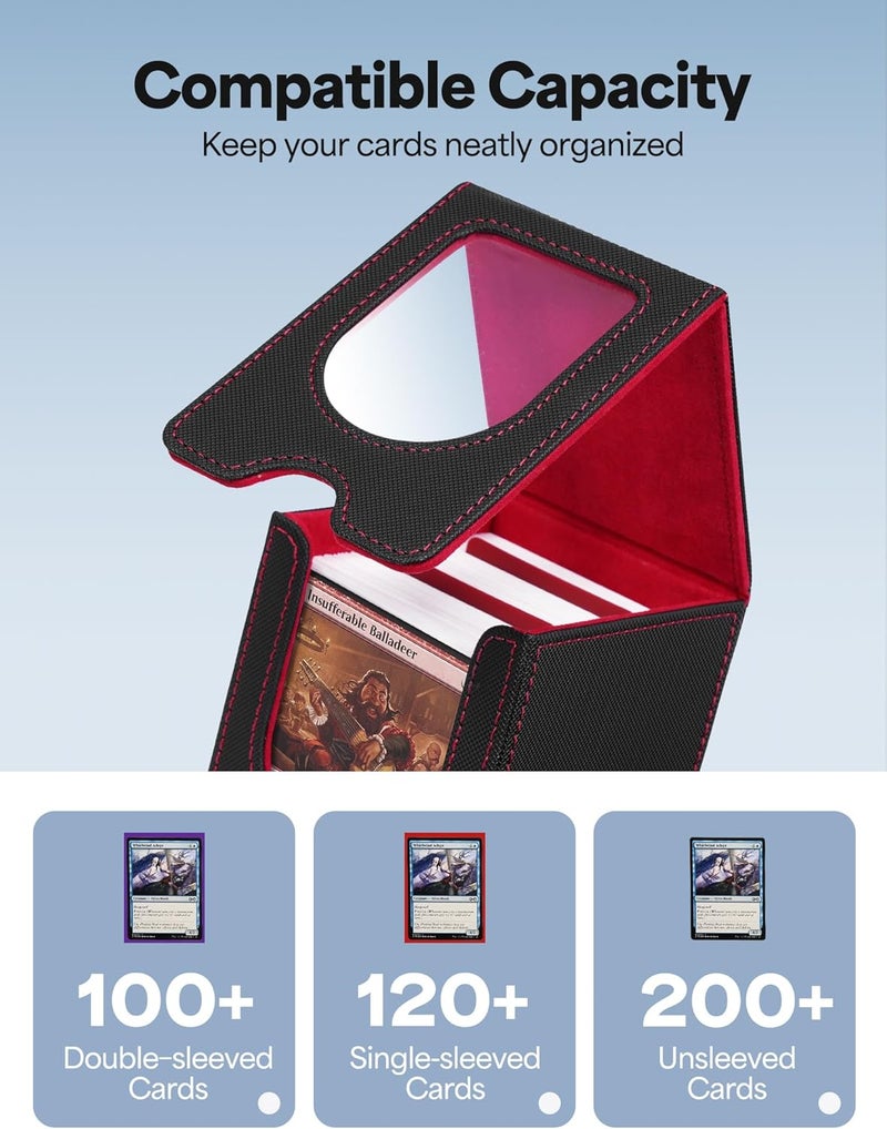 banloga Card Deck Box for MTG Commander, Card Case Holds 100+ Double-Sleeved Cards, Magic Card Box Fits for TCG/PTCG/CCG Card with 2 Dividers (Black&Red) - Image 2